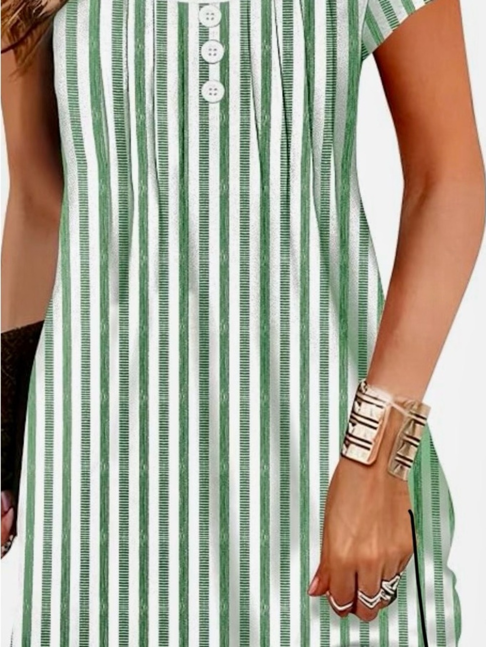 Green & White Striped Button-Front Tunic Dress